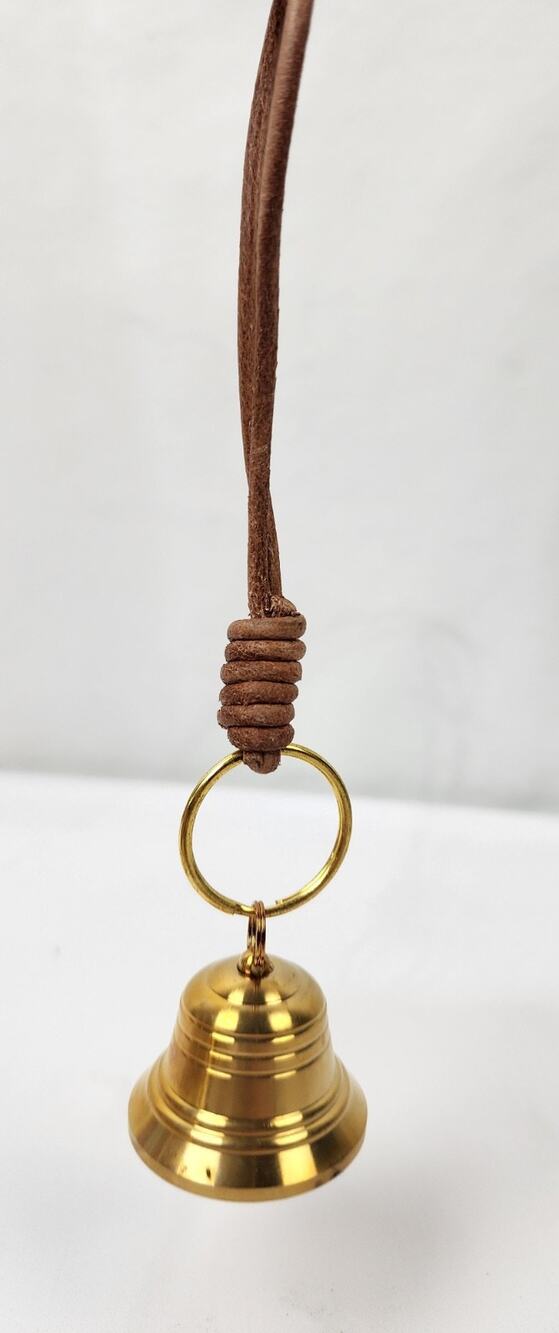 Small Brass Hanging 1" x 1.5" Bell on Leather Rope Door Harley Motorcycle New